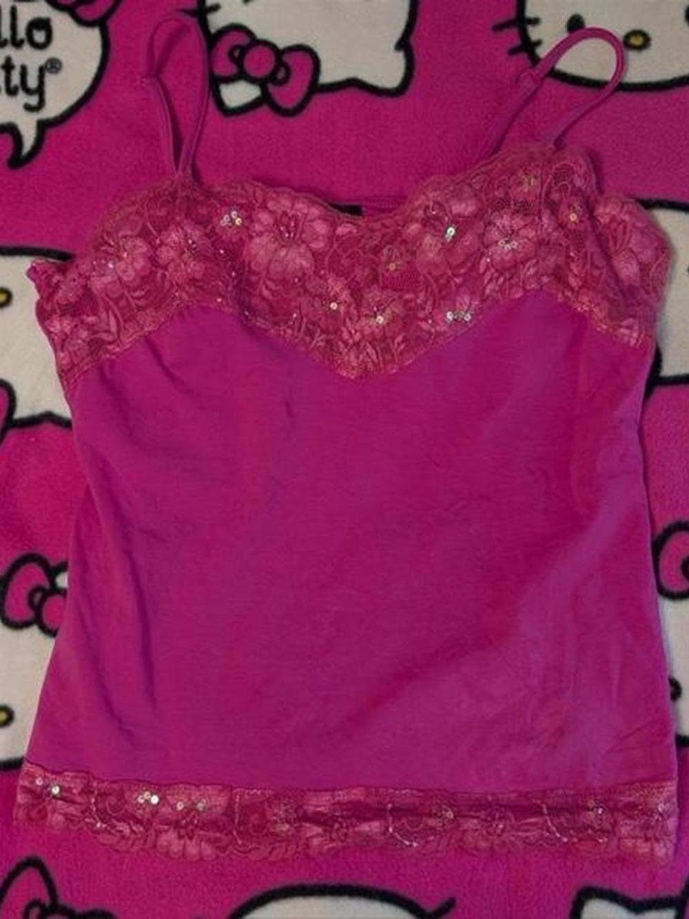 Hot pink y2k floral sequin lace camisole tank top.
